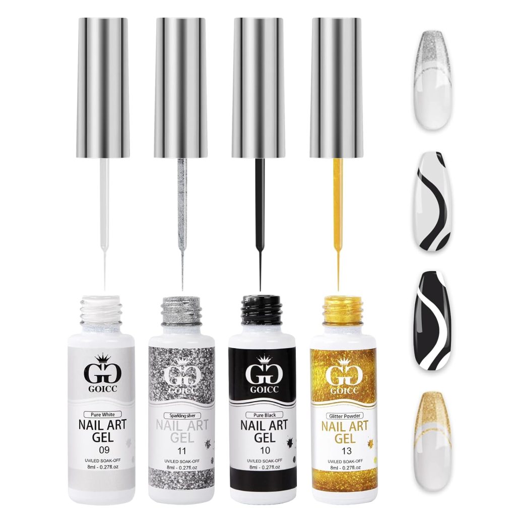 Nail Art Polish Set Gel Liner Nail Art Kit For Nail Design Polish Gel Art Paint For Nail 4 Colors Black White Gel Nail Polish Soak off Curing Requires 8ml with Thin Nail Art Brush (B4)