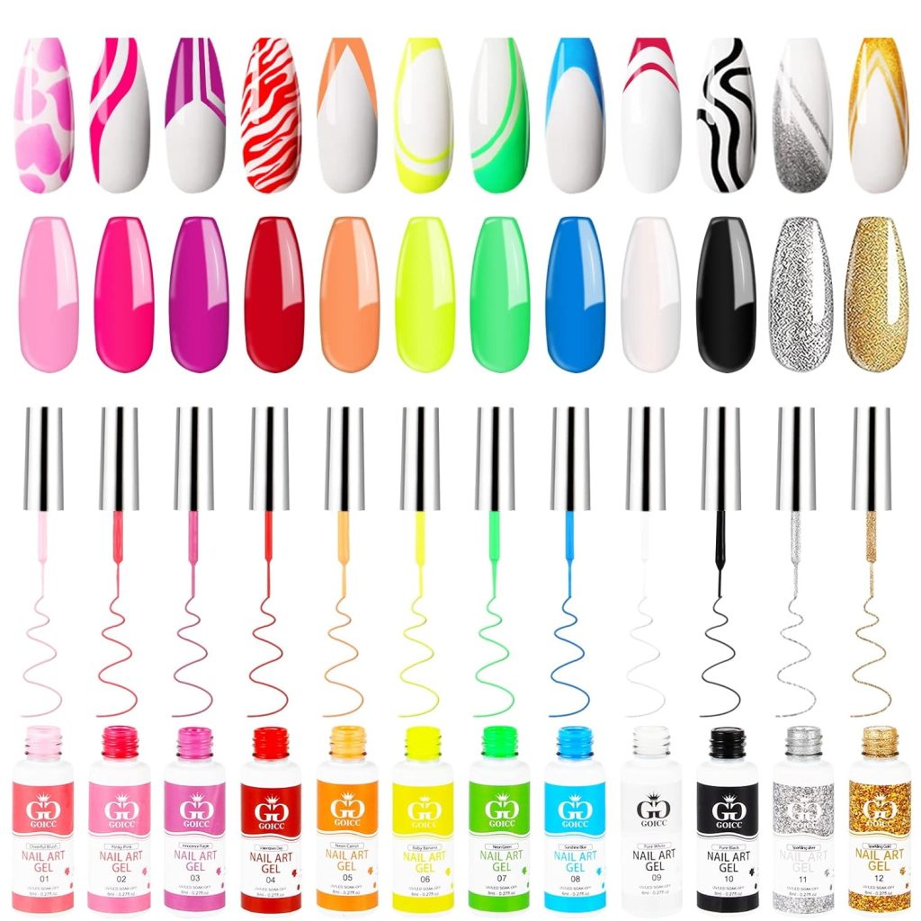 Nail Art Polish Set Gel Liner Nail Art Kit For Nail Design Polish Gel Art Paint For Nail 12 Colors Black White Gel Nail Polish Soak off Curing Requires 8ml with Thin Nail Art Brush (C4)