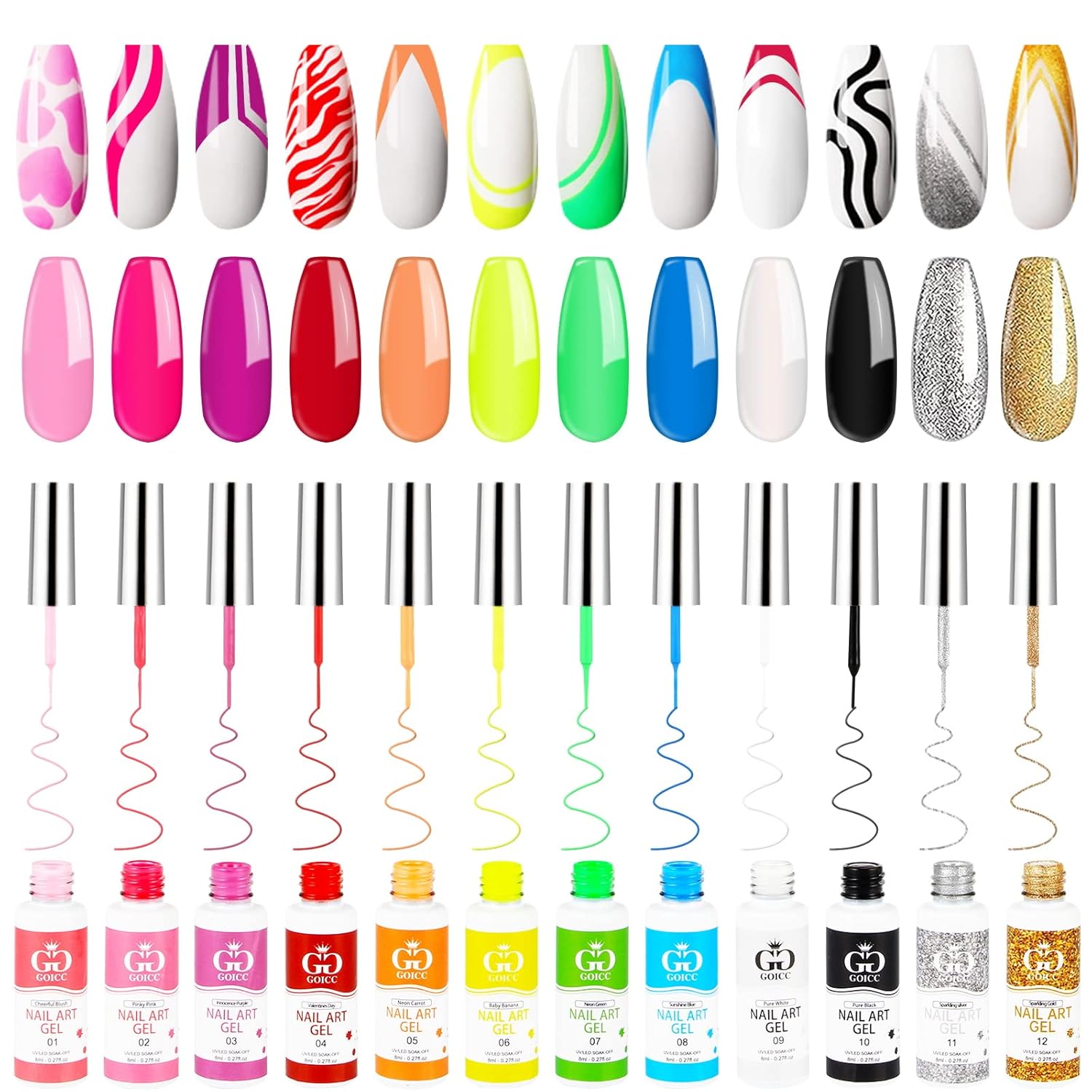 Nail Art Polish Set Gel Liner Nail Art Kit For Nail Design Polish Gel Art Paint For Nail 12 Colors Black White Gel Nail Polish Soak off Curing Requires 8ml with Thin Nail Art Brush (C4)