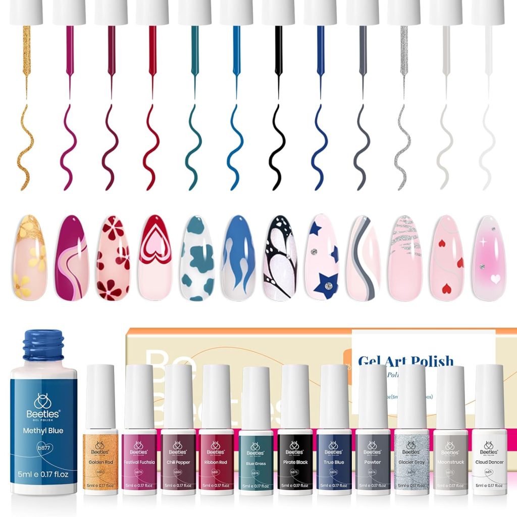 beetles Nail Art Polish-12 Colors Gel Liner Nail Polish Set Pink Blue Red Green White Gold Liner Gel Polish Gel Nail Polish Soak Off Uv Led Lamp Manicure Gifts for Women