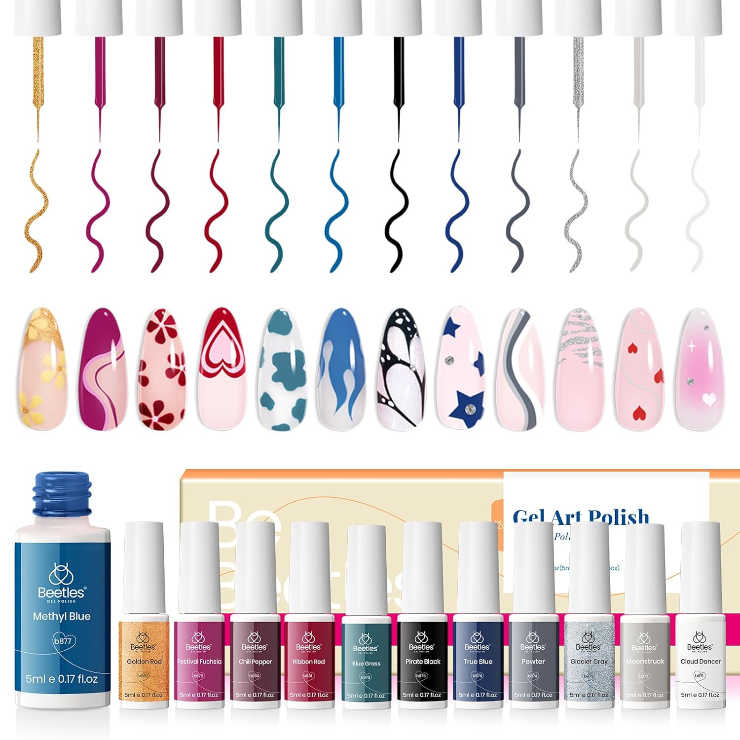 beetles Nail Art Polish-12 Colors Gel Liner Nail Polish Set Pink Blue Red Green White Gold Liner Gel Polish Gel Nail Polish Soak Off Uv Led Lamp Manicure Gifts for Women