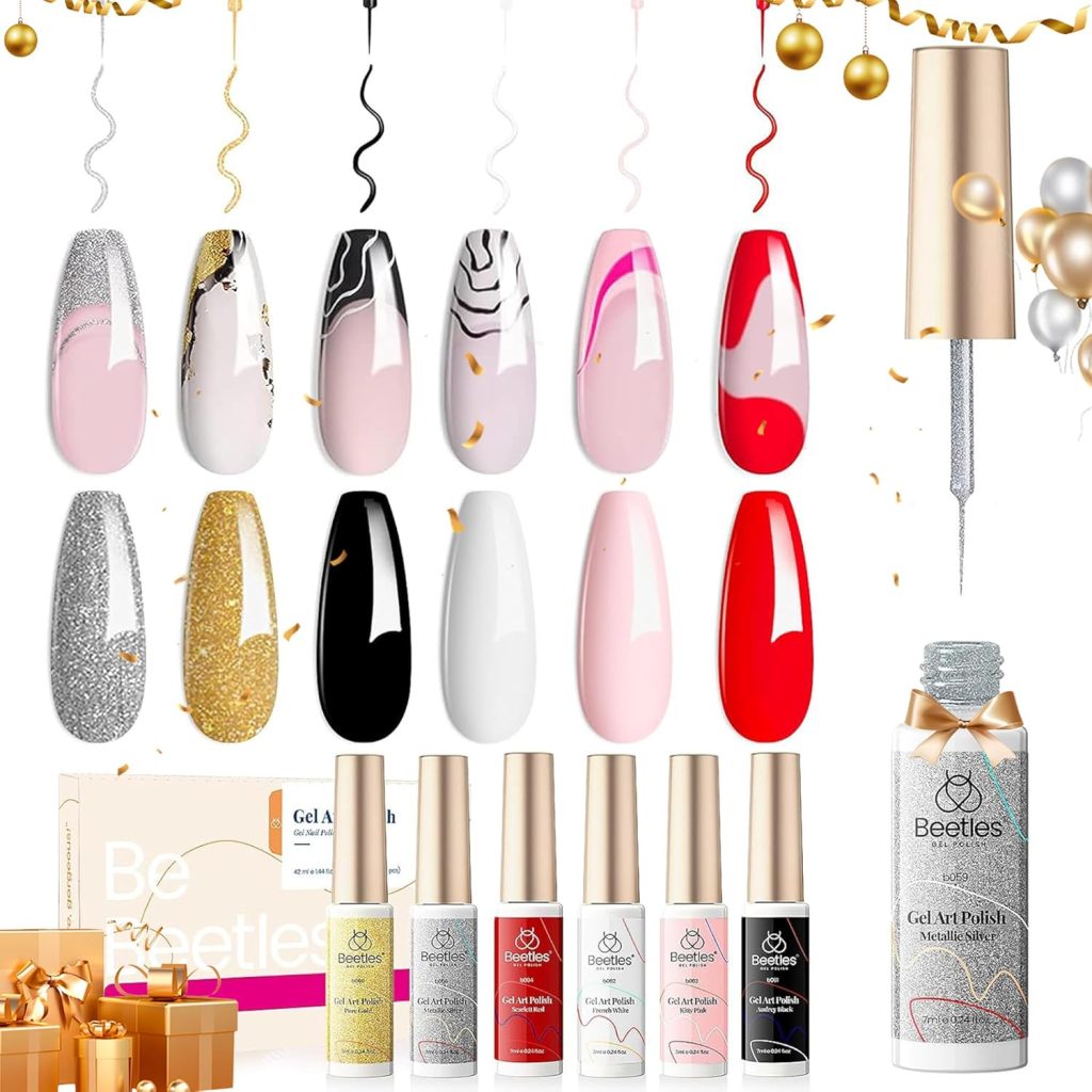 Beetles Gel Polish 6 Pcs Black White Red Gold Silver Glitters Colors Paint Swirl Built Thin Brush in Bottle Soak off Uv Led Lamp Nail Art Liner Gel Polish Set