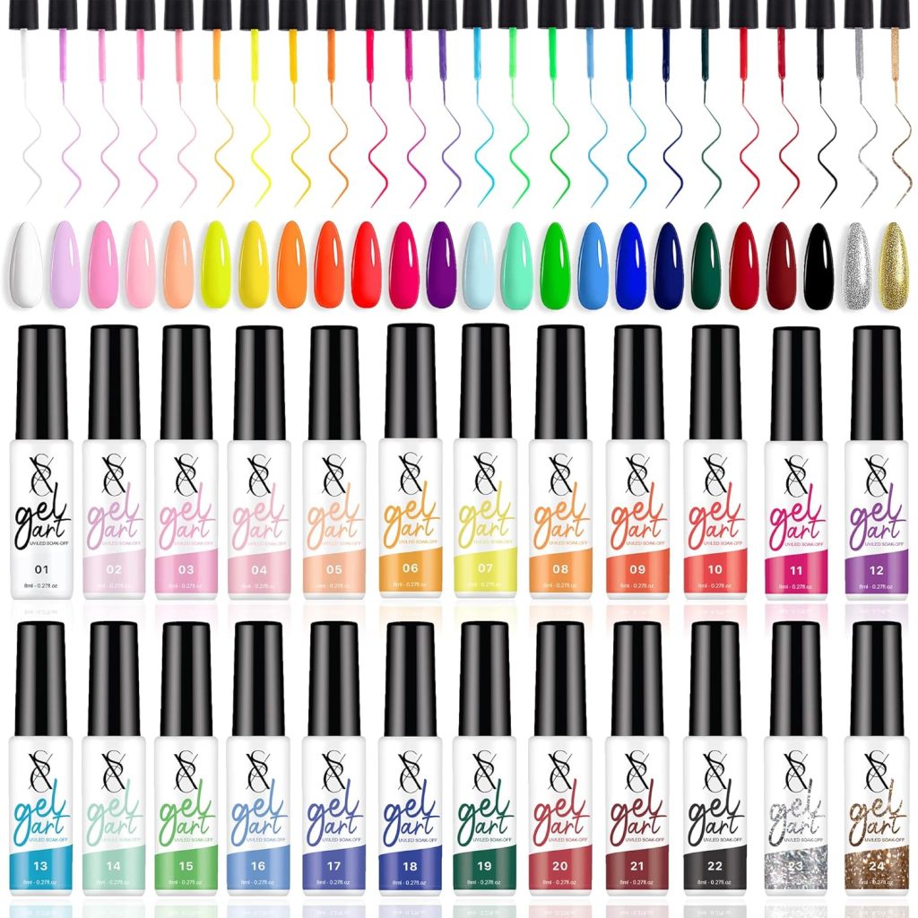 SXC Cosmetics 24-Color Gel Liner Set for Nail Art – With Built-in Thin Brush for Swirl Nail Designs and Soak-Off Gel Polish