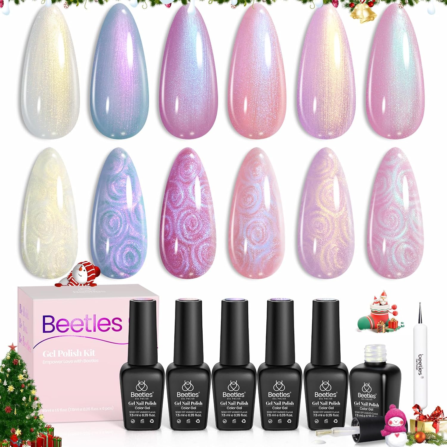 Beetles Pearl Gel Nail Polish, 6 Colors Shimmer Pearl White Pink Purple Mermaid Nail Drawing Gel Polish Soak Off Uv Led Gel Polish Swirl Shell Thread Effect DIY Manicure Gift for Girls Women
